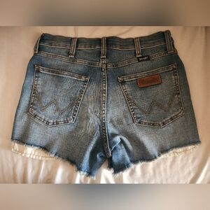 Wrangler Women's Retro High Rise Medium Blue Denim Cutoff Shorts with Frayed Hem